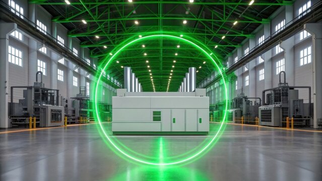 A modern industrial facility featuring machinery, enhanced by a green digital circle, emphasizing technology and innovation in manufacturing.