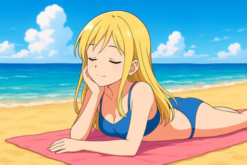 Blondynka w niebieskim bikini leży na plaży na brzuchu, z głową opartą na dłoni i zamkniętymi oczami. Cyfrowo zilustrowana dziewczyna o blond włosach w niebieskim bikini leży na plaży na brzuchu.