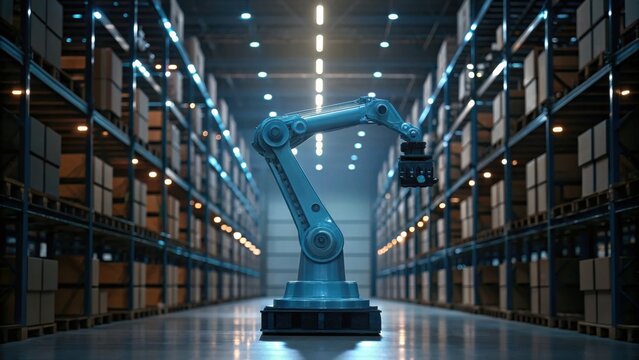 A robotic arm operates in a modern warehouse filled with neatly stacked boxes, showcasing advanced automation and technology in logistics.