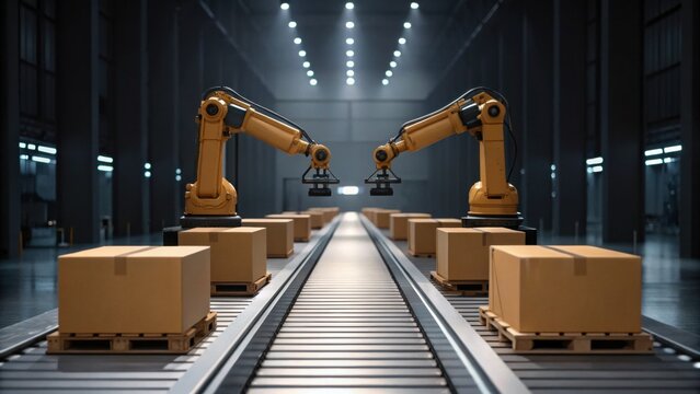 A high-tech warehouse scene featuring robotic arms working on a conveyor belt, handling cardboard boxes with precision and efficiency.