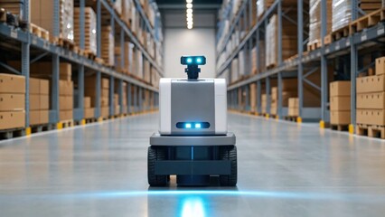 A warehouse robot navigates an aisle between stacks of boxes, showcasing automation technology in logistics and inventory management.