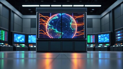 A futuristic control room featuring a large display of a glowing Earth, surrounded by digital screens and a sleek, modern design.