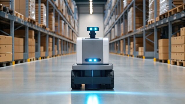 A warehouse robot navigates an aisle between stacks of boxes, showcasing automation technology in logistics and inventory management.