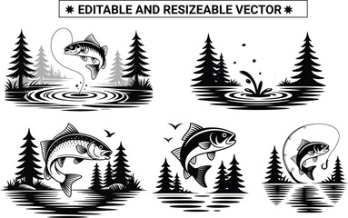 Classic Fishing Scenes Collection with Jumping Fish and Pine Trees Vintage Outdoor Adventure Vector Set .