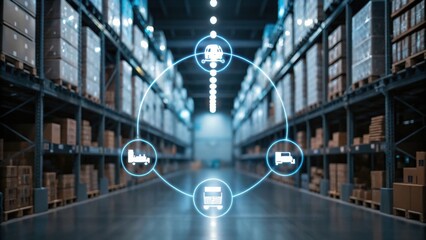 A modern warehouse interior featuring rows of stacked boxes and digital icons representing logistics and transportation.
