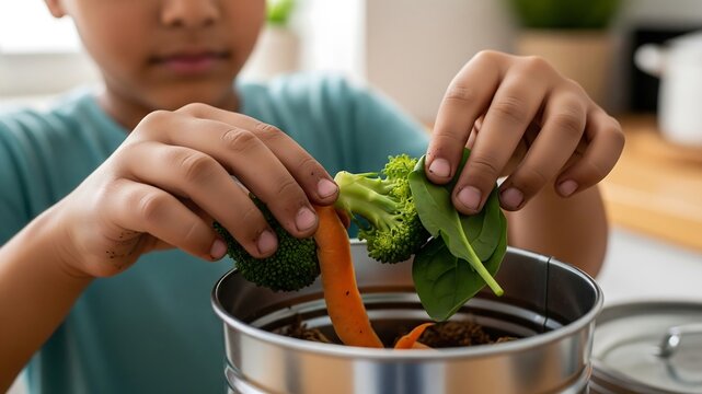 Eco-Conscious Composting: A young boy carefully adds vegetable scraps, including broccoli, carrots, and spinach leaves, to an indoor compost bin in his kitchen.