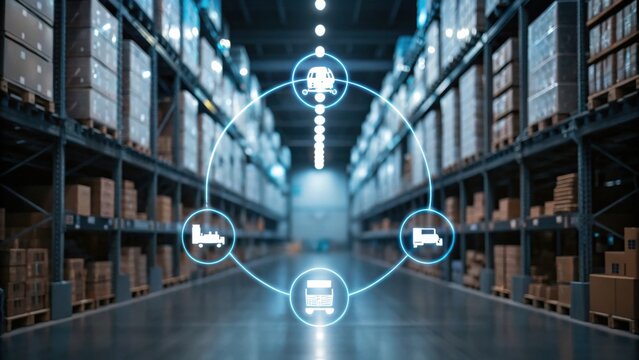 A modern warehouse interior featuring rows of stacked boxes and digital icons representing logistics and transportation.