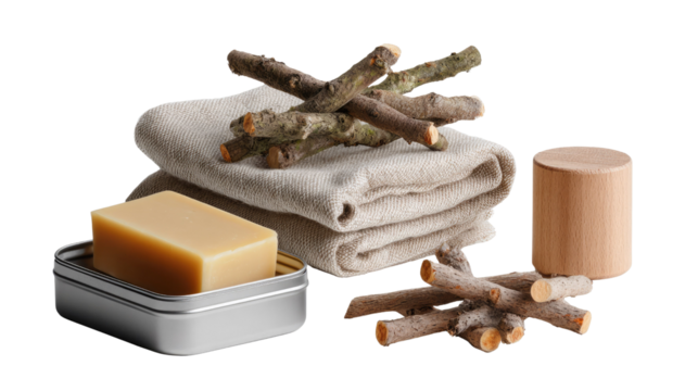 Serene Spa Essentials: An inviting composition of bath essentials evokes a sense of tranquility and relaxation, featuring a bar of soap, folded towel and wooden sticks.
