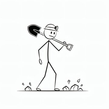 Stick figure miner with shovel on shoulder and headlamp walking through rocky terrain, representing mining, exploration, and hard work with a simple, cartoonish style