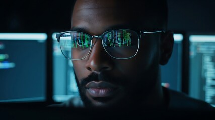 Midnight Code Reflections: A focused African American software developer immersed in coding late at night, reflected in his glasses against the multiple illuminated screens.