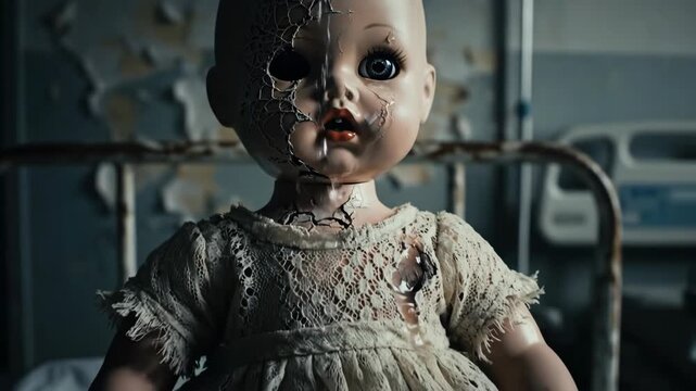 Close up of a damaged doll head with one eye cracked face and open mouth