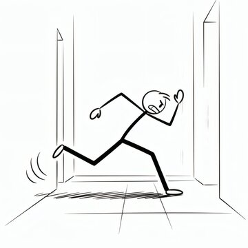 Energetic cartoon stick figure running frantically down a narrow, shadowy hallway, expressing panic, fear, and urgent escape