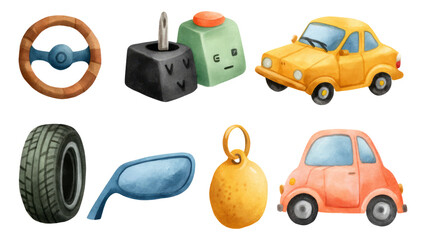 Colorful Collection of Watercolor Vintage Cars and Related Objects on Transparent Background