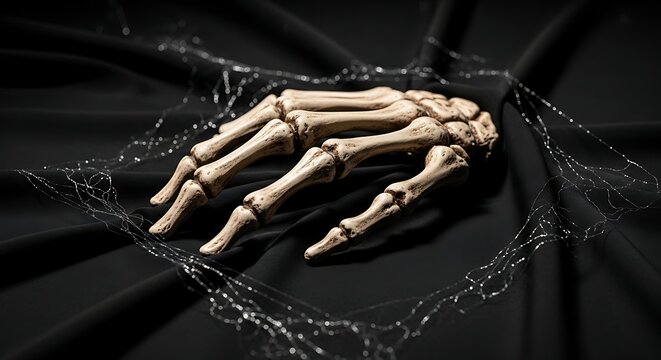 Skeleton Hand Emerging from Spiderweb on Black Cloth Spooky Halloween Decoration Concept