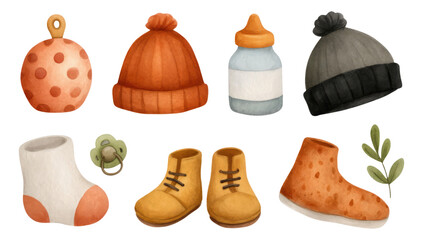 Cute Illustrated Baby Accessories with Bottles, Hats, Socks, and Shoes on Transparent Background