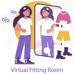 Young woman with long dark hair in a virtual fitting room trying on yellow shorts and pink sweater with purple pants and sneakers reflected in a phone screen displaying percentages and dotted patterns