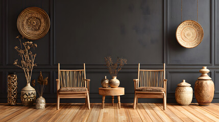 Modern Ethnic-Inspired Interior with Wooden Accents, The warm tones of the wood and ceramics contrast elegantly with the dark wall, creating a sophisticated, earthy atmosphere.