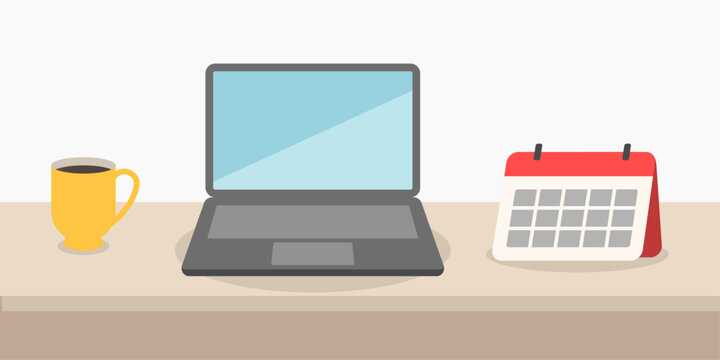 Clean desk mode icon showing a laptop, coffee cup, and calendar on a tidy workspace surface. Ideal for productivity themes, minimalist office visuals, and organized work setups. - Powered by Adobe
