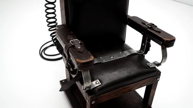 Electric Chair Close-Up: Dark Wood, Leather Straps, and Coiled Cord on White Background