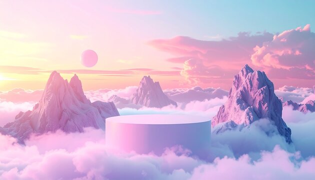 Dreamy pastel mountain landscape with a floating podium for product display and ethereal clouds at sunrise