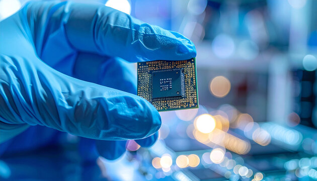 Precision Semiconductor: A close-up view of a gloved hand delicately holding a semiconductor chip against a backdrop of sophisticated laboratory equipment, showcasing the intricate technology