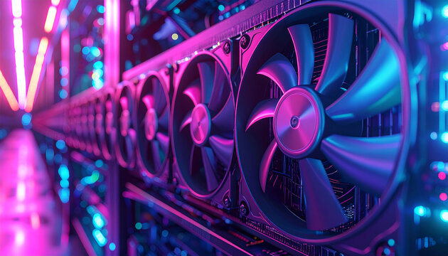 Technology's Core: A close-up view of a high-tech data center, featuring several graphics processing units (GPUs) lined up, the image illuminated with cool-toned lights.