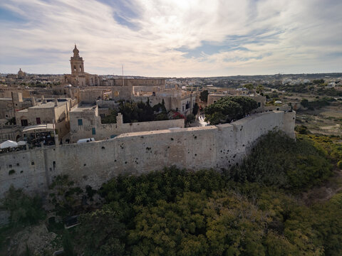 Malta Mdina old town historic walled city with St Pauls cathedral aerial drone view.

