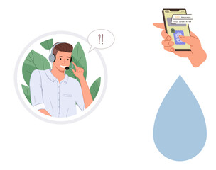Hand holding smartphone with scam alert, speech bubble with support agent reacting, large raindrop element. Ideal for fraud prevention, cybersecurity, customer support, communication, tech awareness