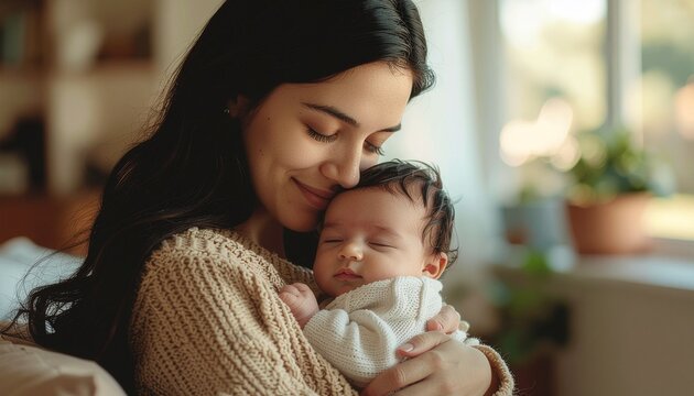 A tender and heartwarming moment as a loving young mother gently cradles her peacefully sleeping newborn baby, embodying the deep bond and pure affection of new motherhood