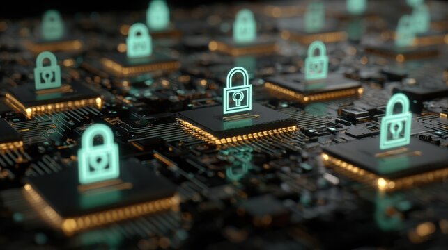 Futuristic Circuit Board Featuring Glowing Lock Icons Symbolizing Cyber Defense Technology and Security Measures