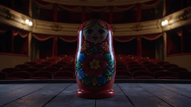 Colorful nesting doll stands center stage in theater setting