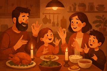 Deaf Family Enjoying Sign Language Conversation at Dinner Table © Bima