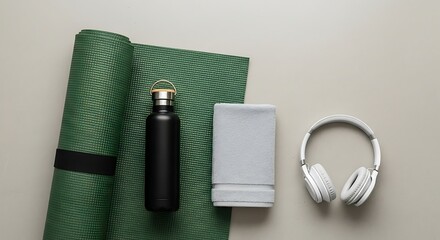 Top-down view of exercise equipment including a yoga mat, water bottle, towel, and headphones arranged on a neutral surface