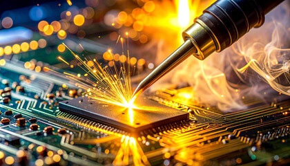 Innovation and Precision: Capturing the intricacies of technological advancements, this image showcases a close-up of a circuit board during a critical stage of its assembly or repair.