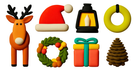 Colorful Christmas Themed Decorations Including Reindeer, Santa Hat, and Gifts