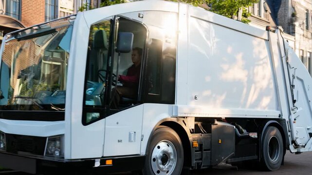 Electric selfdriving garbage truck stopping at a residential curb highlighting ecofriendly automated waste pickup in urban neighborhoods.
