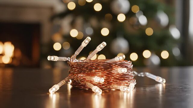 Coiled copper wire LED Christmas string lights on a dark reflective surface with a blurred festive holiday Christmas tree and warm fireplace glow background