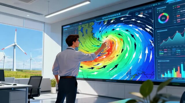 Meteorologist analyzing dynamic weather maps to forecast wind patterns enhancing renewable energy efficiency.