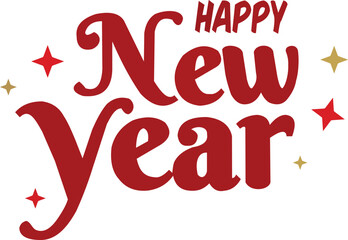 Happy new year text with festive red lettering and sparkling stars