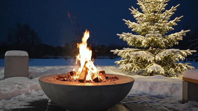 Cozy winter night scene with a burning fire pit amidst fresh snow and a beautifully lit Christmas tree creating a warm and festive holiday atmosphere outdoors