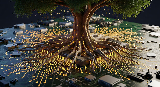 A conceptual image of a tree with electronic circuit components representing nature's interconnectedness with technology. The roots of the tree blend seamlessly with a circuit board.