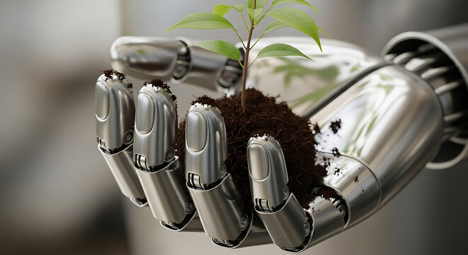 A robotic hand tenderly cradles a sprout