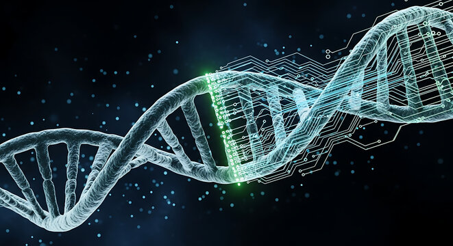 The DNA structure glows with neon color in the darkness background. The DNA strand is twisting and floating in space, revealing its complex structure
