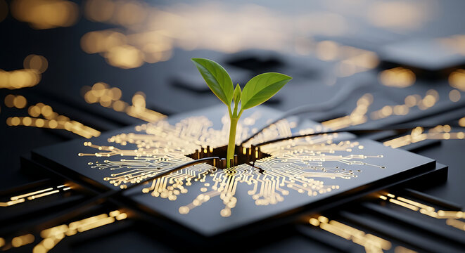 A conceptual image featuring a sprouting plant growing from a circuit board, symbolizing technological growth and ecological balance