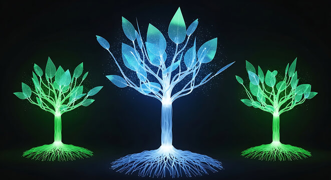 Glowing trees, displaying modern technology. Three digital trees light up in a dark scene. They represent nature and innovative technology