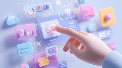 Interactive digital interface with a user's finger pressing a button, surrounded by floating data elements and graphical displays in pastel colors, representing data analysis and futuristic...