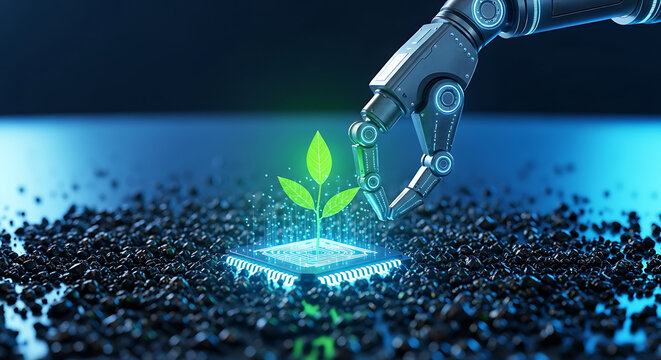 A robotic arm tending a seedling growing out of a computer chip, symbolizing AI’s impact on the environment