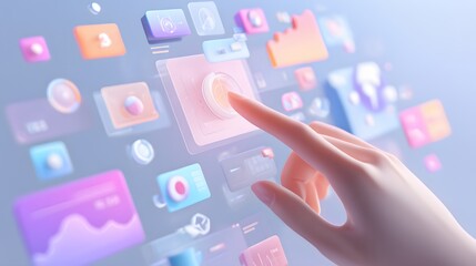 The digital interface displays a user's hand selecting an option from various floating graphic icons, with a smooth touch and a blurred background showcasing other interactive elements, showcasing...