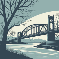 Suspension bridge over a river with clock tower and bare trees water