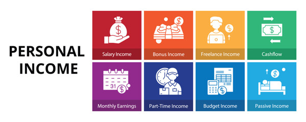 Personal Income Glyph Solid Banner Web Icon Set Vector Illustration